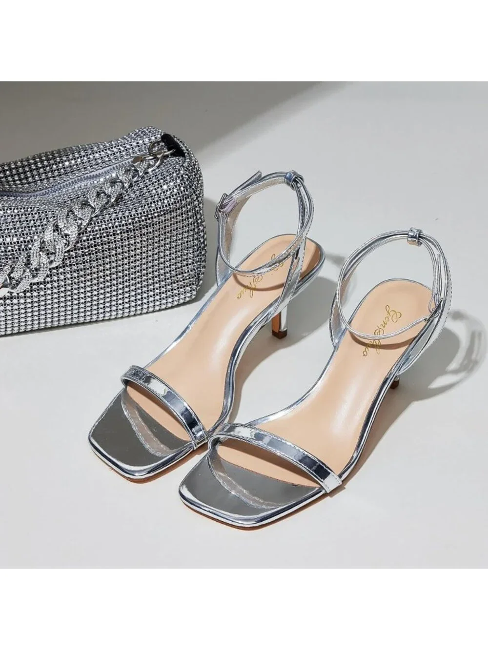 Women's SIlver Kitten Low Heel Square Open Toe Ankle Strap Sandals Strappy Heels